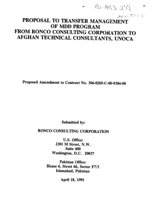 Proposal to transfer management of MDD [mine detection dog] program from Ronco Consulting Corporation to Afghan Technical Consultants, UNOCA [United Nations Office of Coordination for Afghanistan]