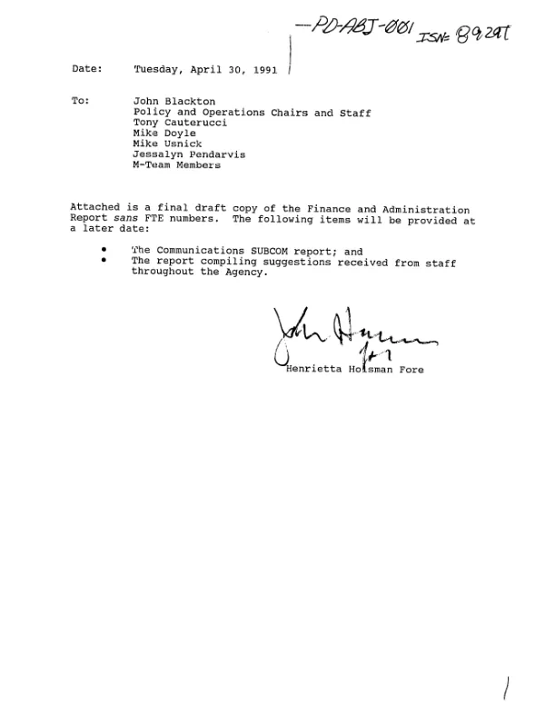 Finance and Administration Team : final draft report