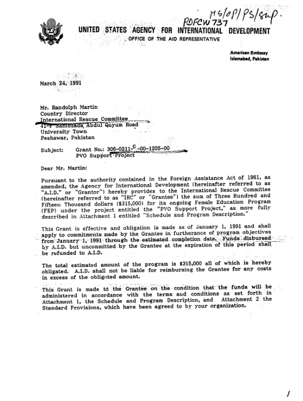 AID grant no. 306-0211-G-00-1205-00 to the International Rescue Committee for its ongoing female education program among Afghan refugees