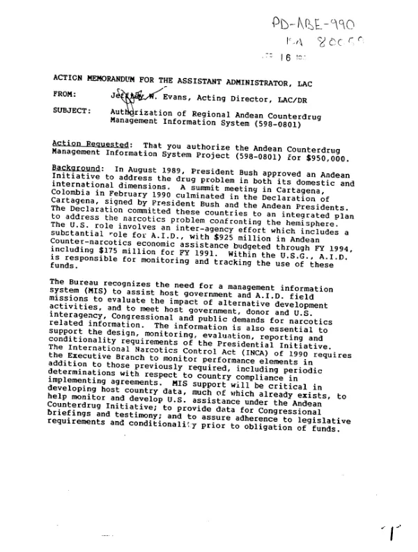 Authorization of regional Andean counterdrug management information system project (598-0801)