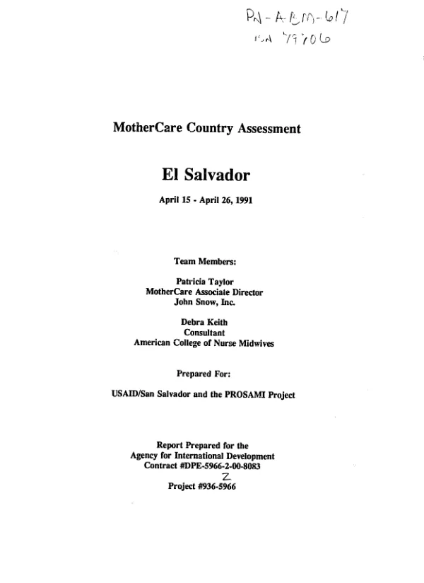 MotherCare country assessment : El Salvador -- April 15-April 26, 1991