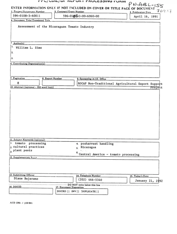 Assessment of the Nicaraguan tomato industry