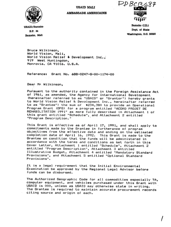 AID grant no. 688-0247-G-00-1174-00 to World Vision Relief and Development, Inc. for a program entitled `acord projet de rehabiliataion 1991"