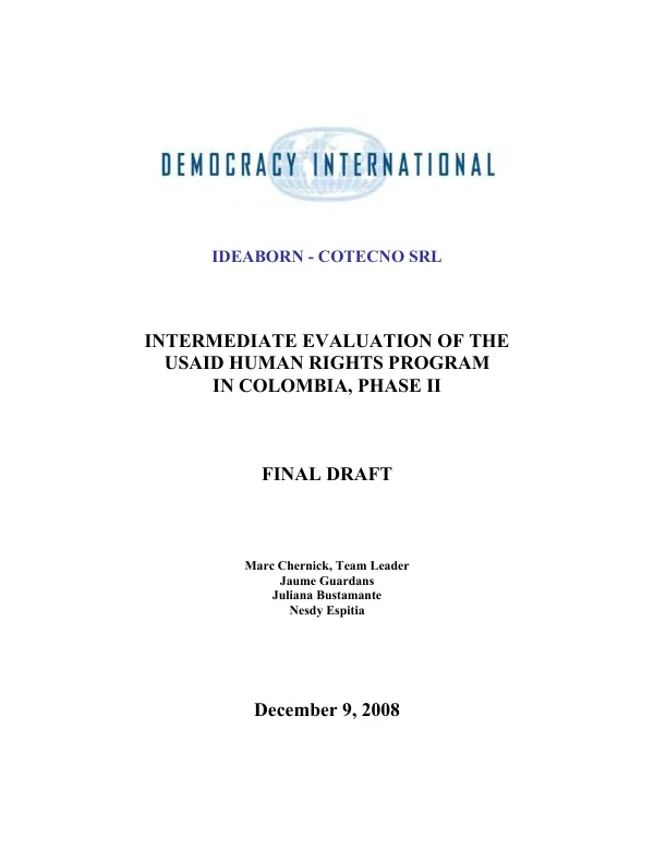 Intermediate evaluation of the USAID human rights program in Colombia, phase II : final draft