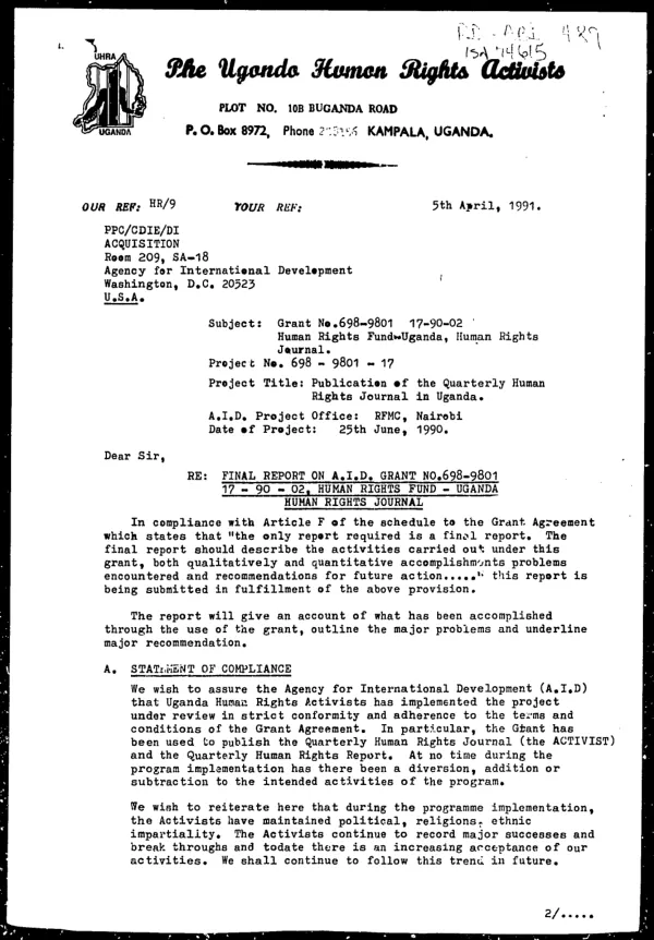Final report on AID grant no. 698-9801 17-90-02, human rights fund -- Uganda human rights journal