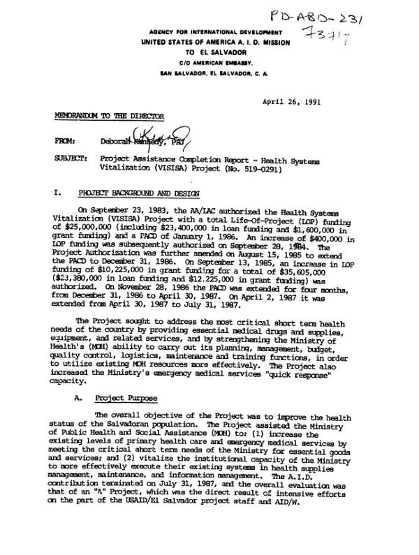 Project assistance completion report : health vitalization (VISISA) project no. 519-0291