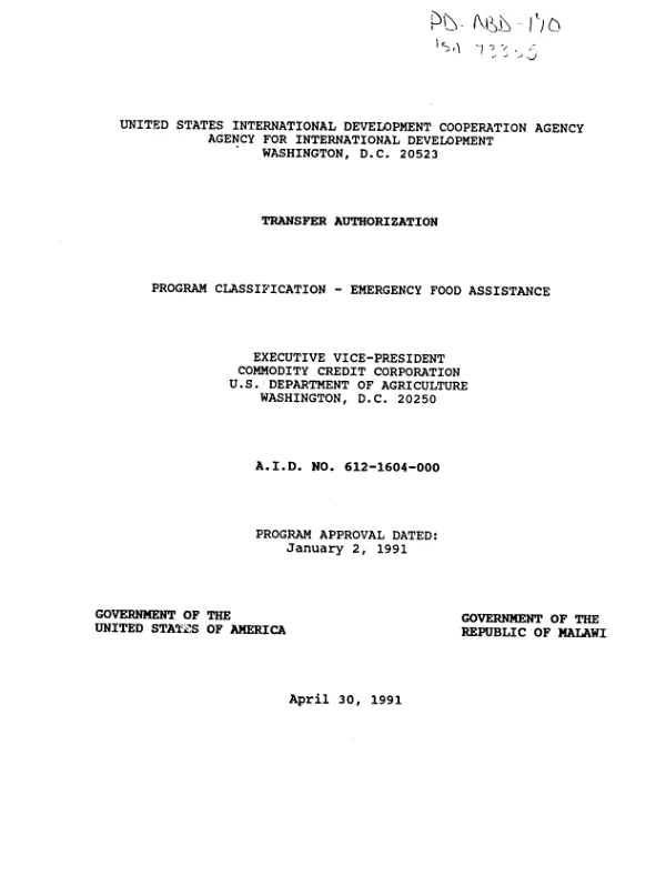 Transfer authorization : program classification -- emergency food assistance (AID no. 612-1604-000)