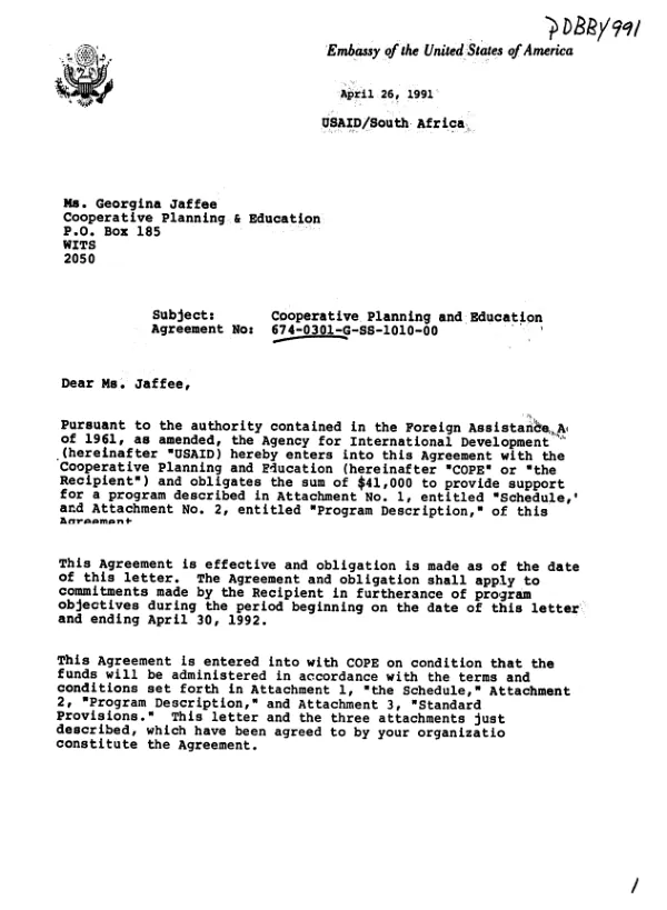 AID agreement no. 674-0301-G-SS-1010-00 with Cooperative Planning and Education to support its business and project development program