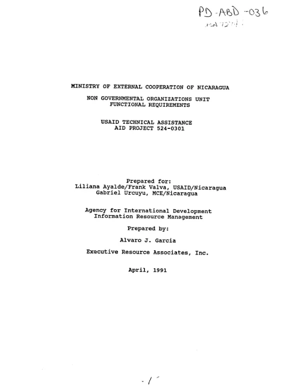 Ministry of External Cooperation of Nicaragua, Non-Governmental Organizations Unit -- functional requirements : USAID technical assistance, AID project 524-0301