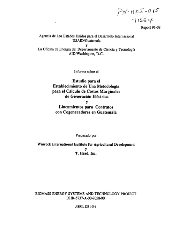 Estudio para el establecimiento de una metodologia para el calculo de costos marginales de generacion electrica y lineamientos para contratos con cogeneradores en Guatemala