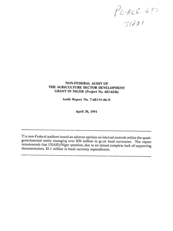 Non-federal audit of the agriculture sector development grant in Niger (project no. 683-0246)