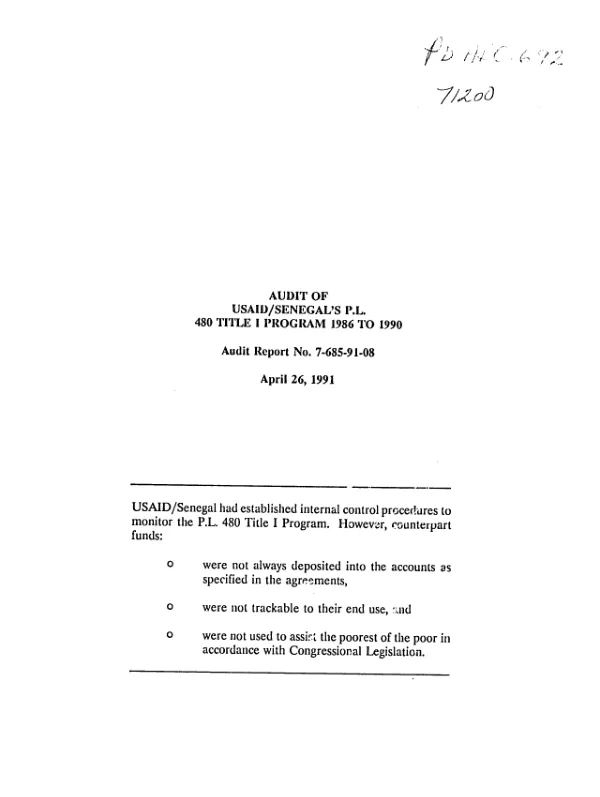 Audit of USAID/Senegal"s PL-480 Title I program 1986 to 1990