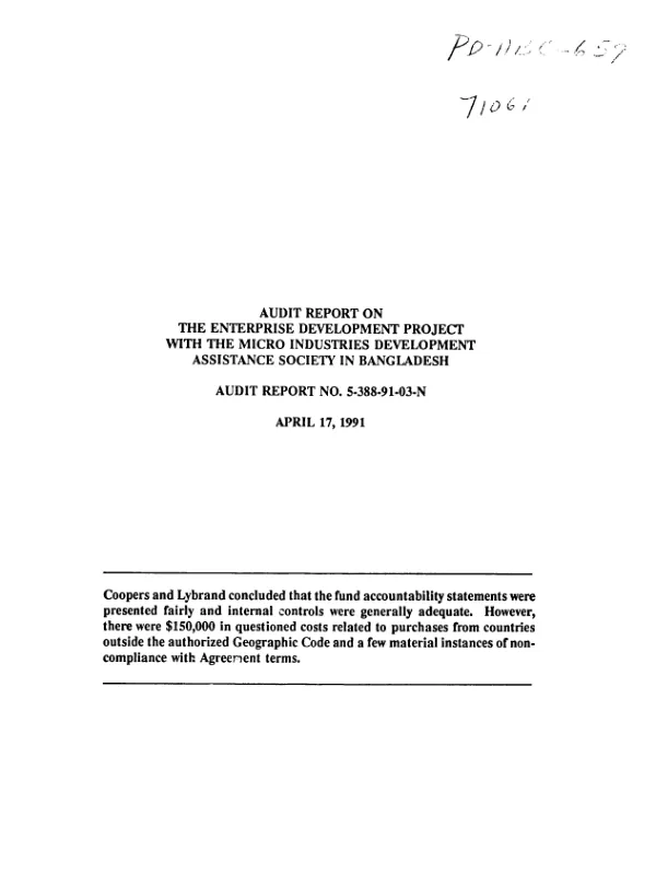 Audit report on the enterprise development project with the Micro Industries Development Assistance Society in Bangladesh