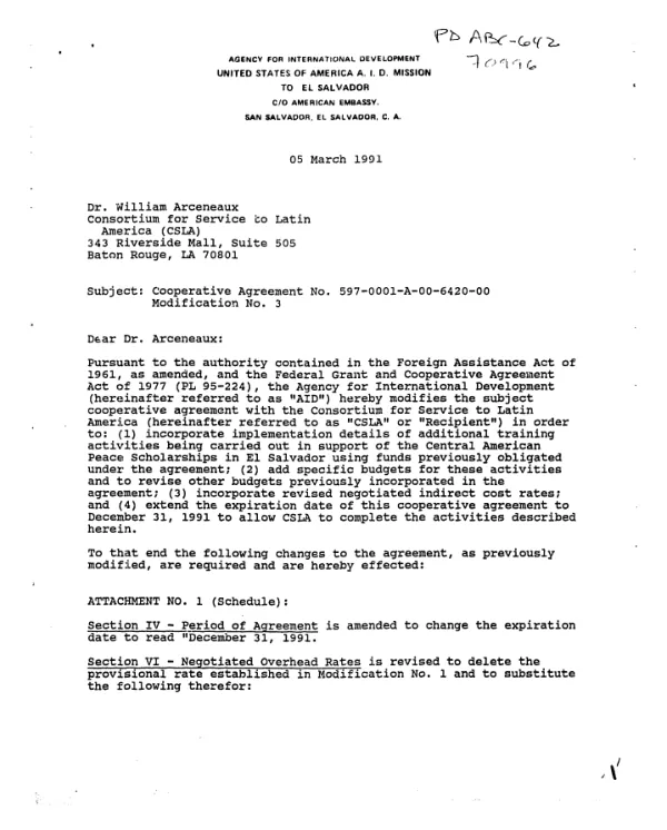 AID cooperative agreement no. 597-0001-A-00-6420-00 modification no. 3 to Consortium for Service to Latin America (CSLA) for primary school education