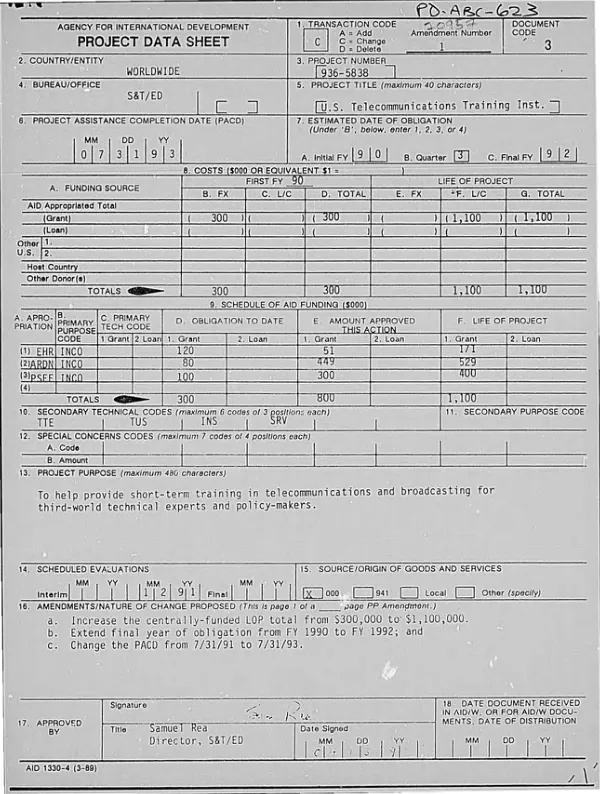 US Telecommunications Training Institute : amendment no. 1