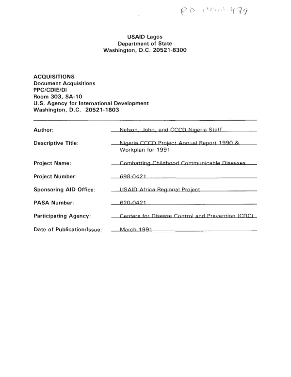 Nigeria CCCD [combatting childhood communicable diseases] : annual report 1990 and workplan for 1991