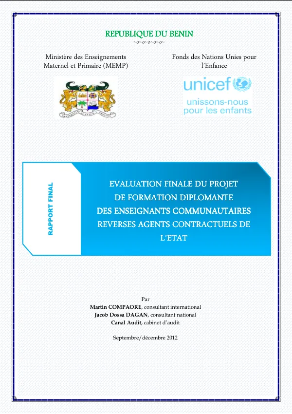 Evaluation finale de la formation diplomante des enseignants communautaires reverses agents contractuels de l'Etat
