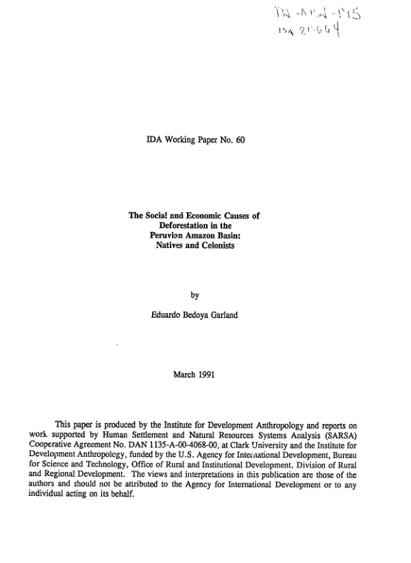 Social and economic causes of deforestation in the Peruvian Amazon Basin : natives and colonists