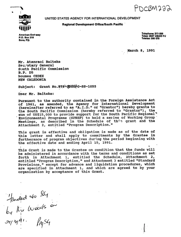 AID grant no. 879-0000-G-SS-1055-00 to the South Pacific Commission for the South Pacific regional environmental programme (SPREP) to hold a series of working group meetings