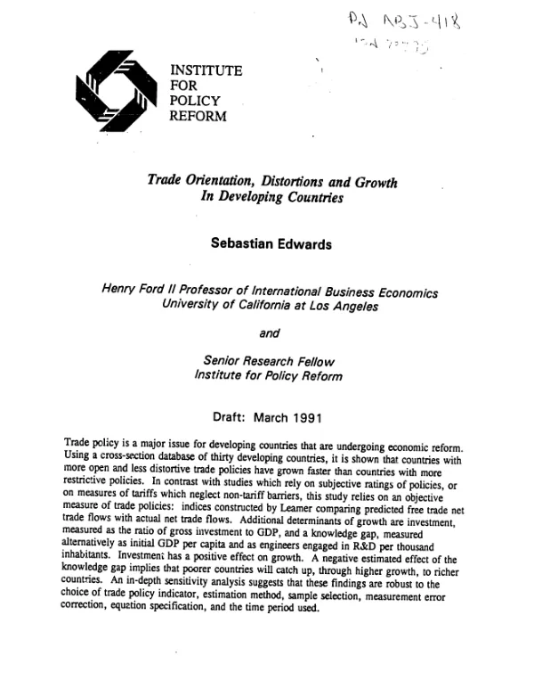 Trade orientation, distortions and growth in developing countries