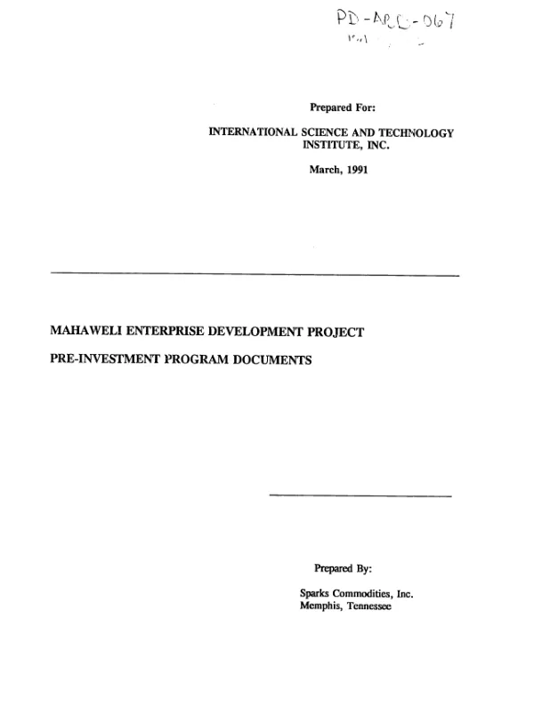 Mahaweli enterprise development project : pre-investment program documents