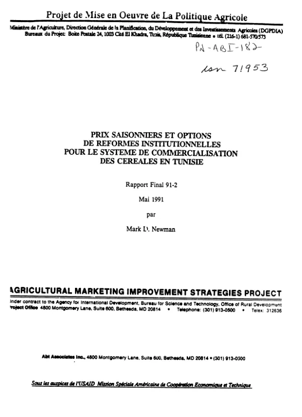 Prix saisonniers et options de reformes institutionnelles pour le systeme de commercialisation des cereales en Tunisie