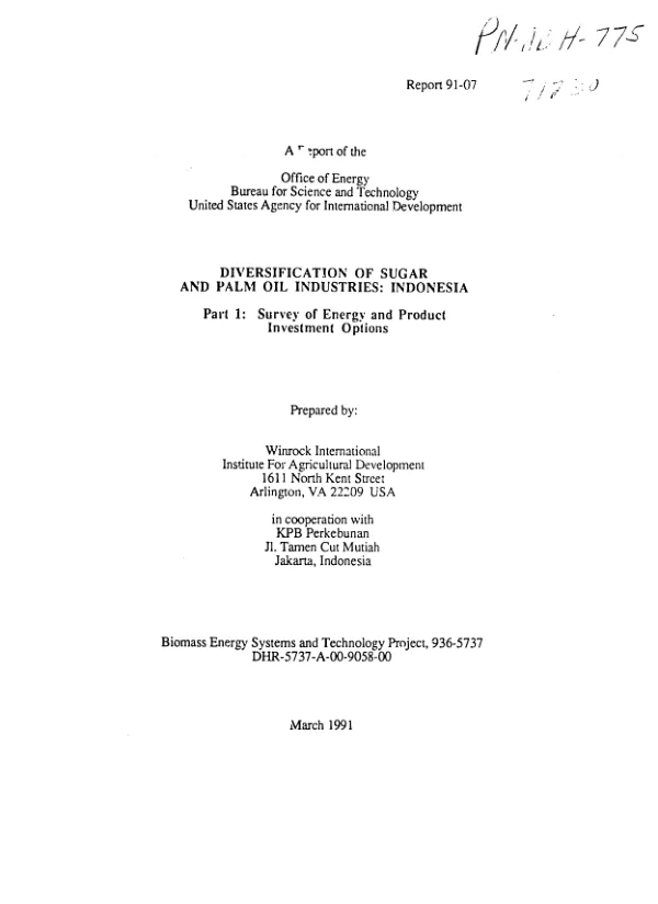 Diversification of sugar and palm oil industries : Indonesia -- part 1. survey of energy and product investment options