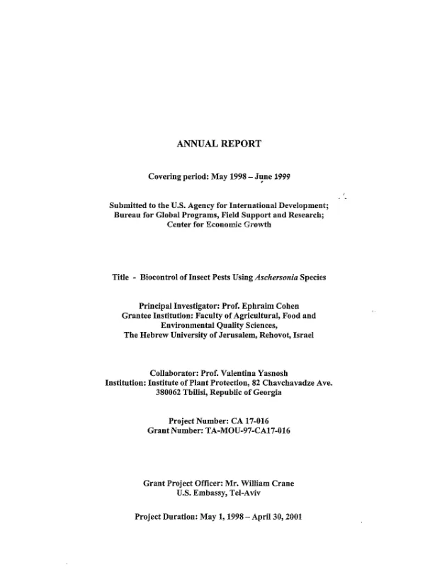 Annual report covering period May 1998-June 1999 : biocontrol of insect pests using Aschersonia species