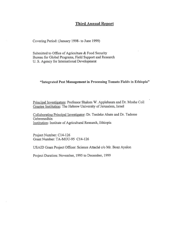Third annual report covering period January 1998 to June 1999 : integrated pest management in processing tomato fields in Ethiopia