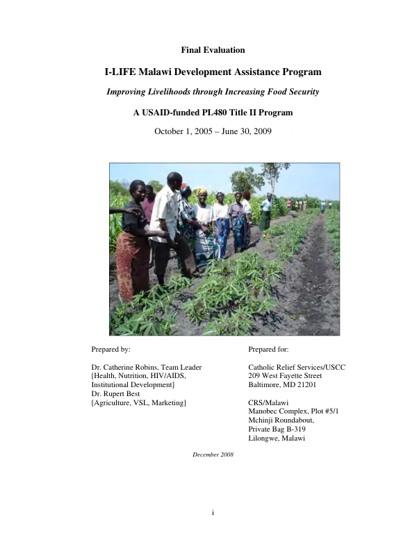 Final Evaluation : I-LIFE Malawi development assistance program : improving livelihoods through increasing food security, a USAID-funded PL480 Title II program, October 1, 2005-June 30, 2009
