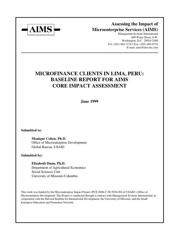 Microfinance clients in Lima, Peru : baseline report for AIMS (assessing the impact of microenterprise services) core impact assessment