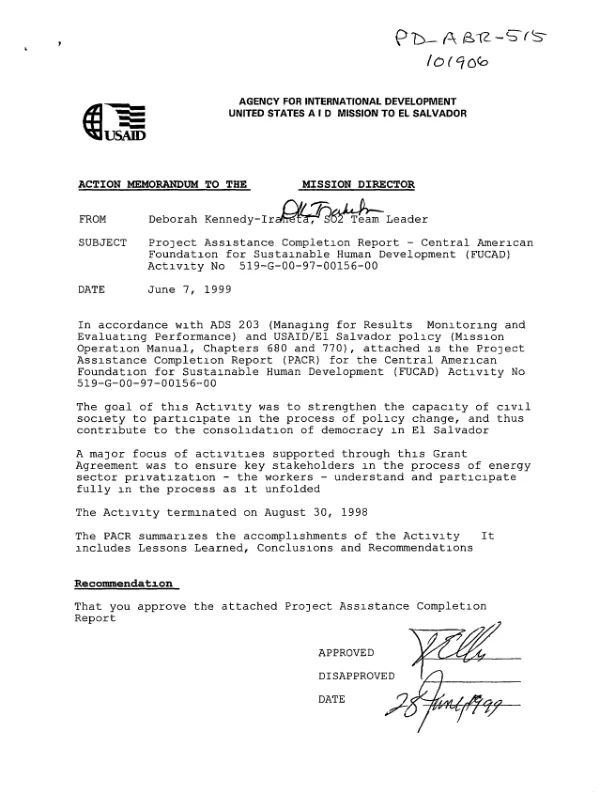Project assistance completion report : Central American Foundation for Sustainable Human Development (FUCAD) -- activity no. 519-G-00-97-00156-00