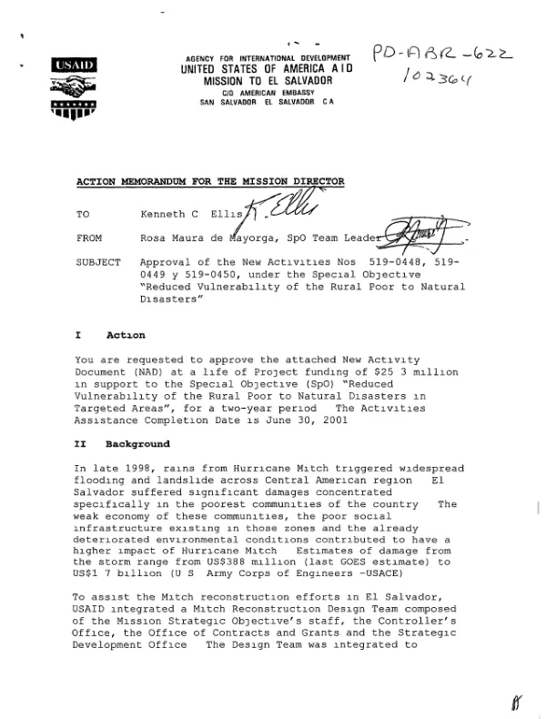 New activity document (NAD) : [Hurricane] Mitch integrated reconstruction (MIRA) activity no. 519-0448, [Hurricane] Mitch economic stimulation activity (MESA) no. 519-0449, [and Hurricane] Mitch water & sanitation activity (MAS) no. 519-0450 -- special objective : reduced vulnerability of the rural poor to natural disasters in targeted areas