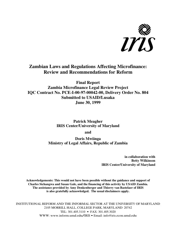 Zambian laws and regulations affecting microfinance : review and recommendations for reform : final report
