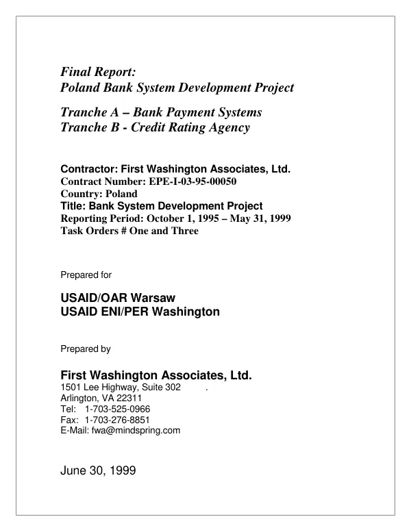 Final report : Poland bank system development project -- tranch A : bank payment systems : tranche B -- credit rating agency