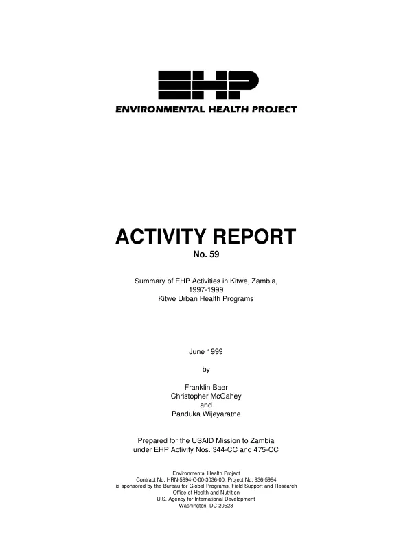 Summary of EHP (environmental health project) activities in Kitwe, Zambia, 1997-1999 : Kitwe urban health programs