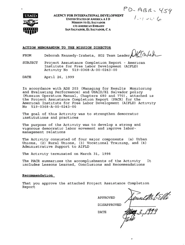 Project assistance completion report : American Institute for Free Labor Development (AIFLD) -- activity no. 519-0368-A-00-0243-00
