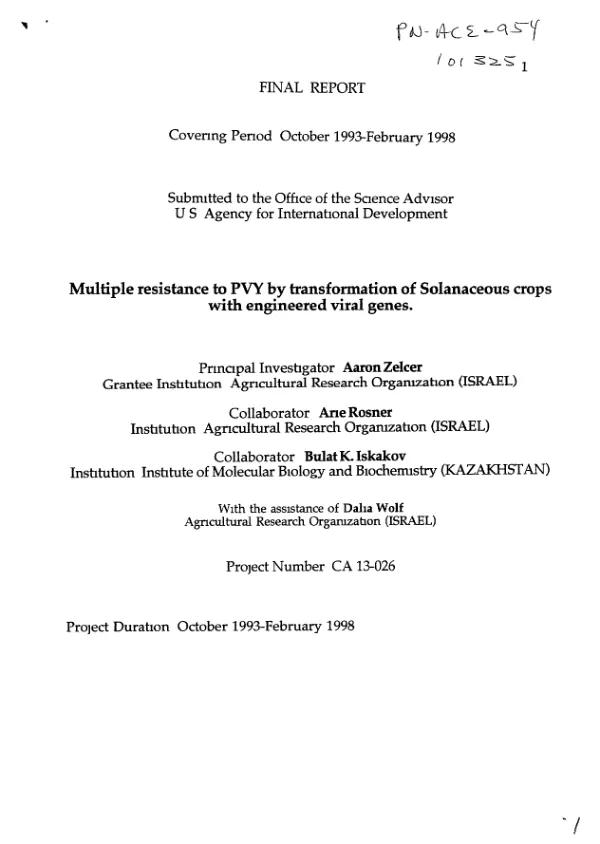 Multiple resistance to PVY [potato virus Y] by transformation of Solanaceous crops with engineered viral genes : final report covering period October 1993-February 1998