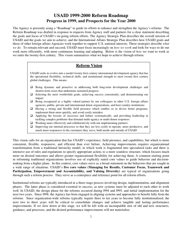 USAID 1999-2000 reform roadmap : progress in 1999, and prospects for the year 2000 [-- update]