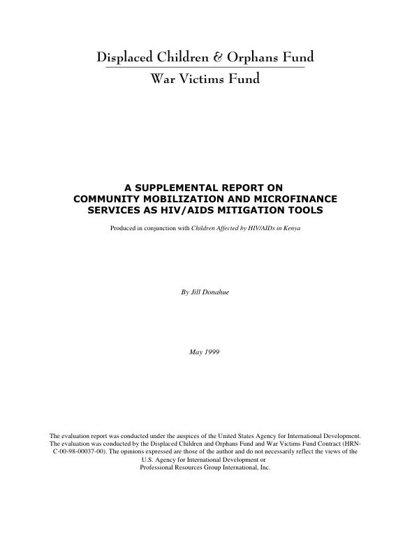 Supplemental report on community mobilization and microfinance services as HIV/AIDS mitigation tools : produced in conjunction with Children Affected by HIV/AIDS in Kenya
