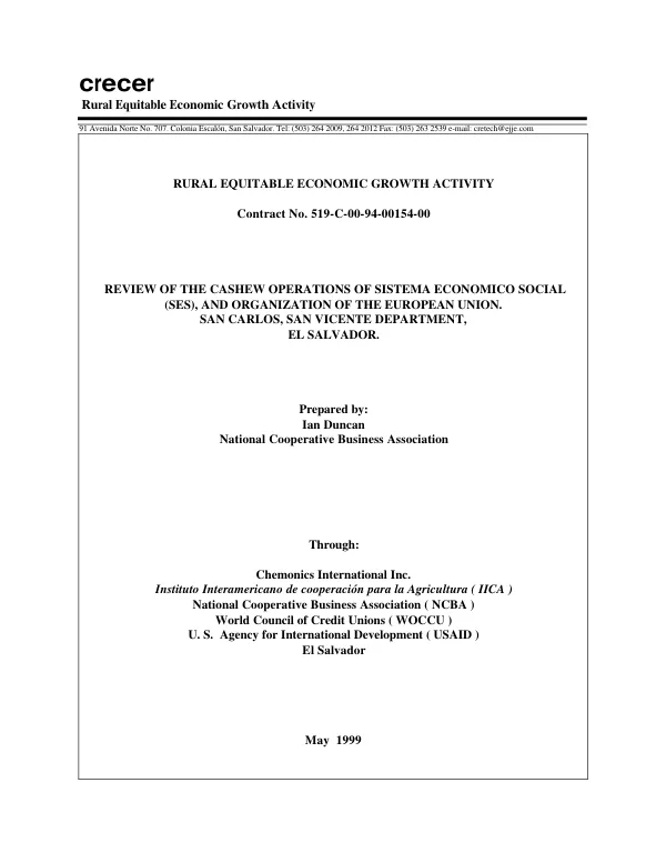 Review of the cashew operations of Sistema Economico Social (SES), and [i.e. an] Organization of the European Union, San Carlos, San Vicente Department, El Salvador