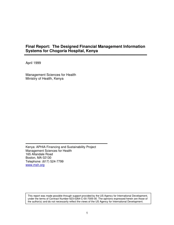 Final report : the designed financial management information systems for Chogoria Hospital, Kenya
