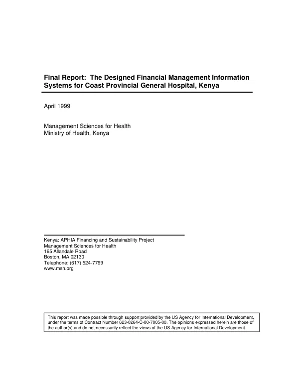 Final report : the designed financial management information systems for Coast Provincial General Hospital, Kenya