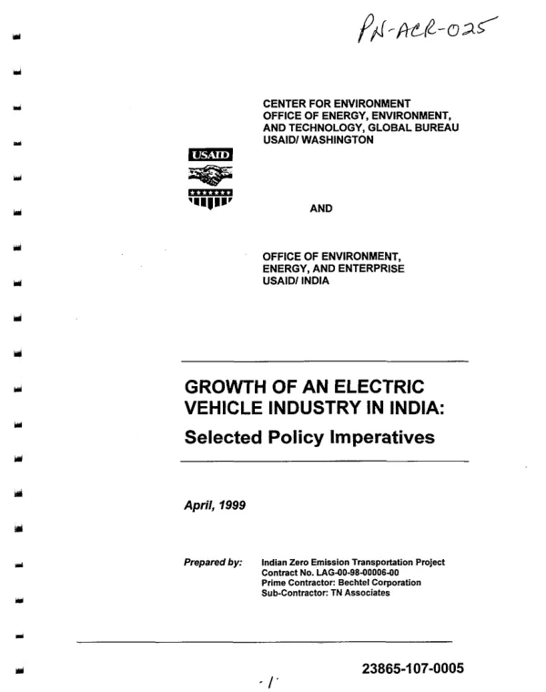 Growth of an electric vehicle industry in India : selected policy imperatives