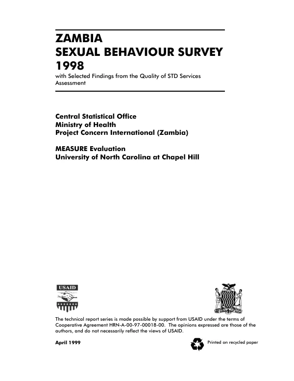 Zambia sexual behaviour survey 1998 with selected findings from the quality of STD services assessment