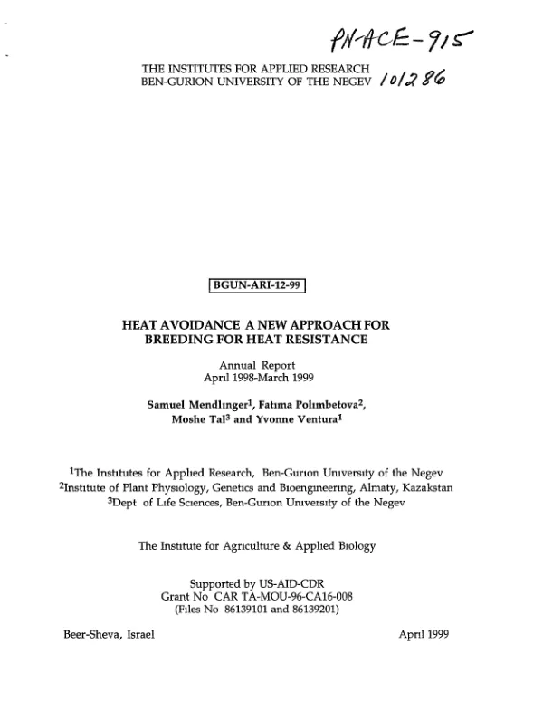 Heat avoidance : a new approach for breeding for heat resistance -- annual report, April 1998-March 1999