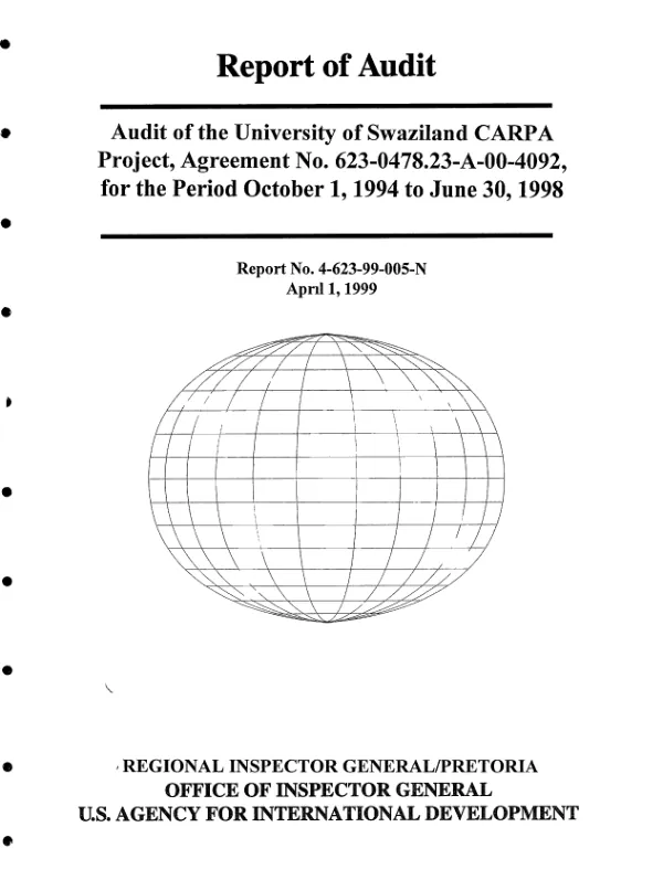 Audit of the University of Swaziland CARPA project : agreement no. [623-0478-A-00-4092-00] for the period October 1, 1994 to June 30, 1998