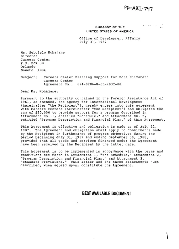 AID agreement no. 674-0206-G-00-7032-00 with Careers Center for planning support for Port Elizabeth Careers Center
