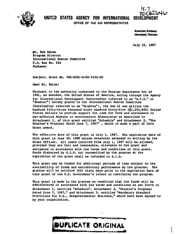 AID grant no. 306-0210-G-00-7232-00 to the International Rescue Committee to provide support to the cash - for - food program for war - affected Afghans in northeastern Afghanistan