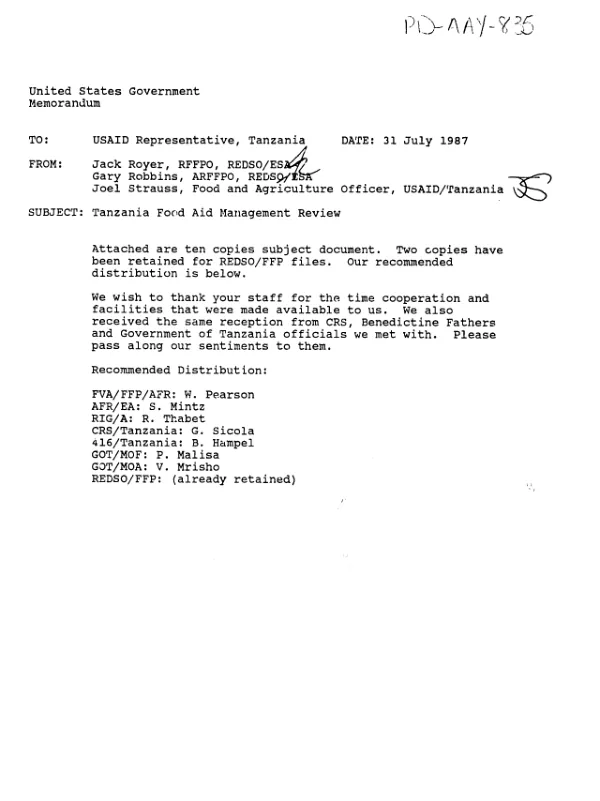 Review of the Tanzania food aid program : Dar es Salaam -- March 22-31 and July 19-25, 1987